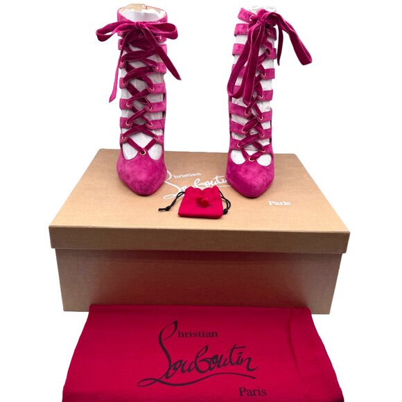 Brand new Christian Louboutin Spinetita 100 Pink Suede Leather Lace Up Bootie - Picture 2 of 13